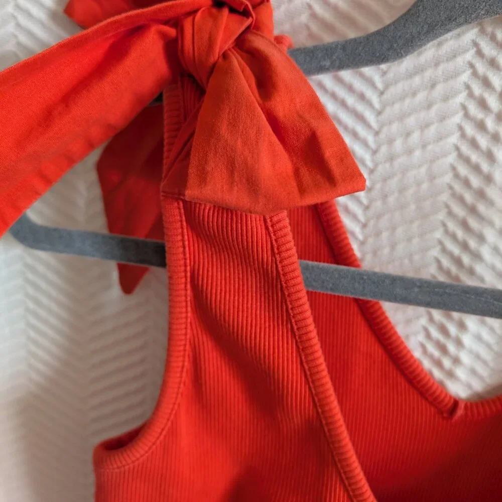 Anthropologie Maeve The Rafaela Ribbed Tank Top Bow Tie Shoulder Orange XS Small - Picture 7 of 11